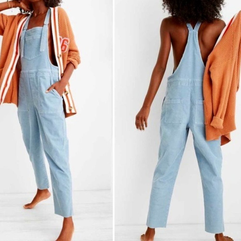 NWT Aerie Werk & Play Corduroy Overalls Women's XL Cloudy Blue Raw Hem Utility